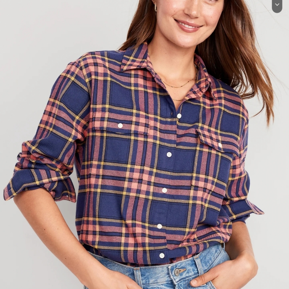 NWT Navy Plaid Button Down Shirt Size L